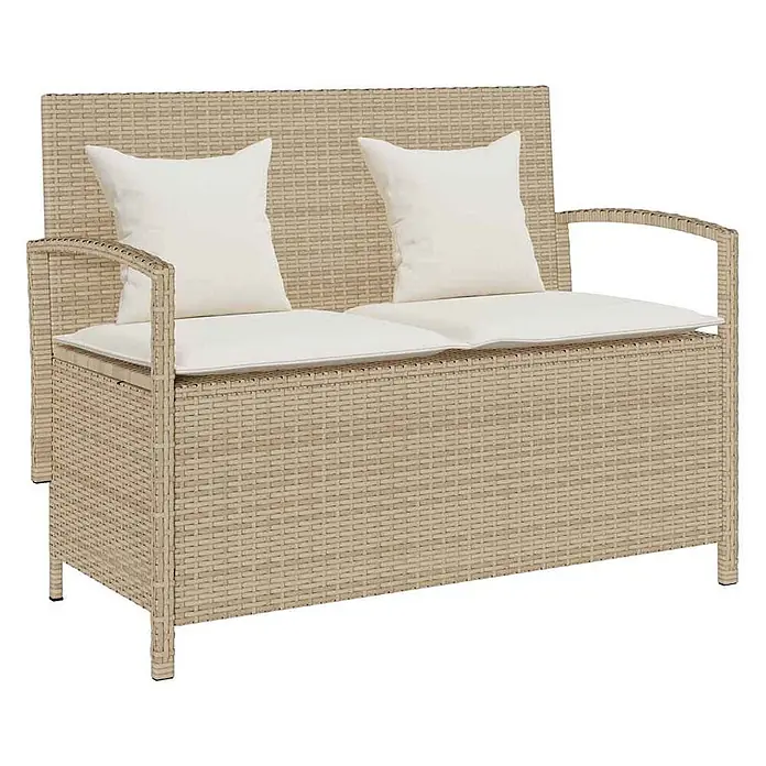 Furnicato Gartenbank - B x T x H: 111 x 56 x 87 cm, Beige und Creme - Hellbeige Rattan-Optik Outdoor-Sitzbank mit Stauraum, Arm- und Rückenlehne sowie weißen Kissen.