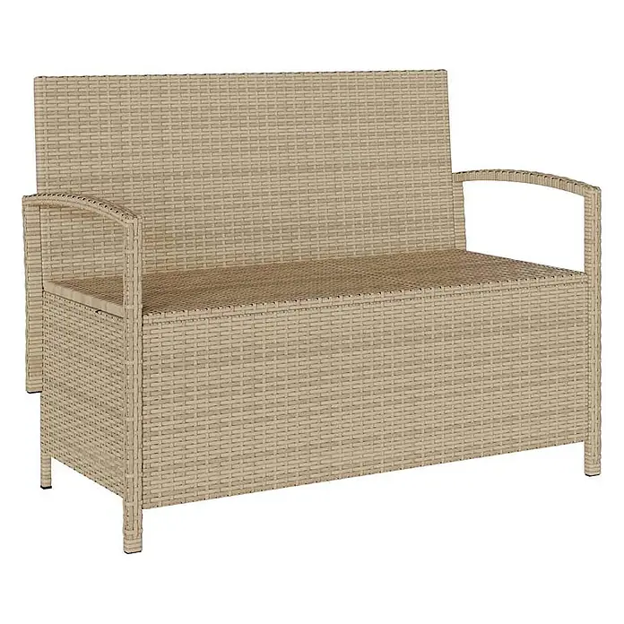 Furnicato Gartenbank - B x T x H: 111 x 56 x 87 cm, Beige und Creme - Hellbeige geflochtene Rattan-Sitzbank mit Stauraum und Armlehnen.