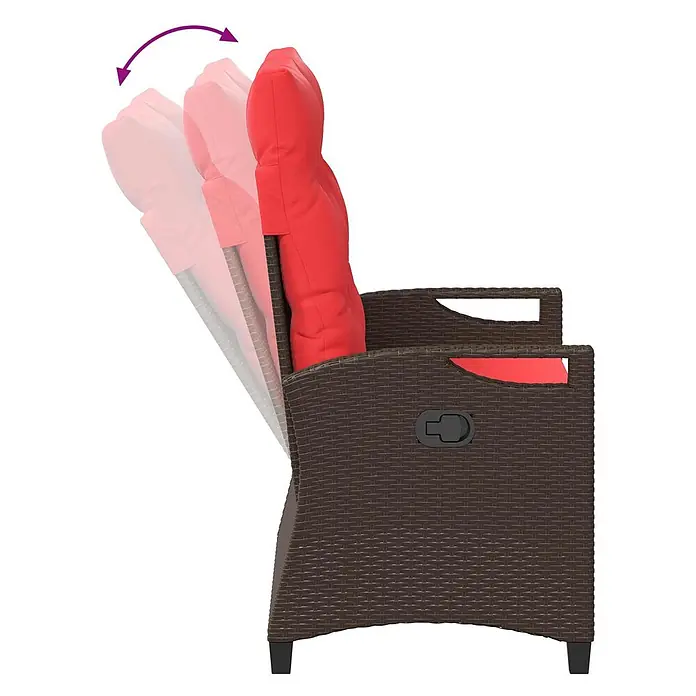 Furnicato Gartenbank pulverbeschichtet - B x T x H: 60 x 105 x 112 cm, Braun und Rot - Brauner Rattan-Relaxsessel mit roten Kissen, zeigt die verstellbare Rückenlehne.