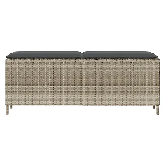 Furnicato Gartenbank PE-Rattan - B x T x H: 110 x 30 x 40,5 cm, Hellgrau und Dunkelgrau - Helle, beigefarbene Rattan-Garten-Sitzbank mit Stauraum, dunkelgrauem Kissen und kleinen Füßen.