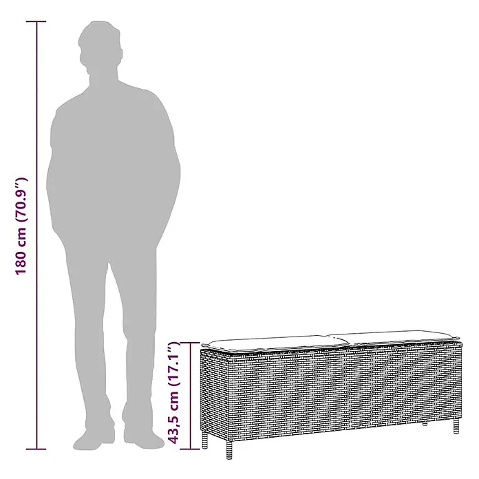 Furnicato Gartenbank PE-Rattan - B x T x H: 110 x 30 x 40,5 cm, Hellgrau und Dunkelgrau - Geflochtene Rattan-Sitzbank mit hellen Kissen, 43,5 cm hoch. Zur Größenansicht.