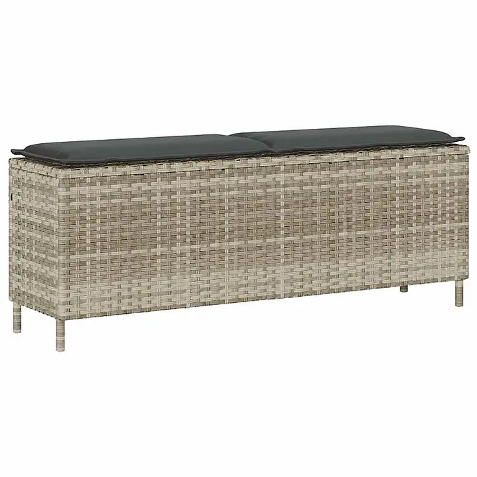 Furnicato Gartenbank PE-Rattan - B x T x H: 110 x 30 x 40,5 cm, Hellgrau und Dunkelgrau - Hellegraue geflochtene Garten-Aufbewahrungsbank mit zwei dunkelgrauen Kissen.