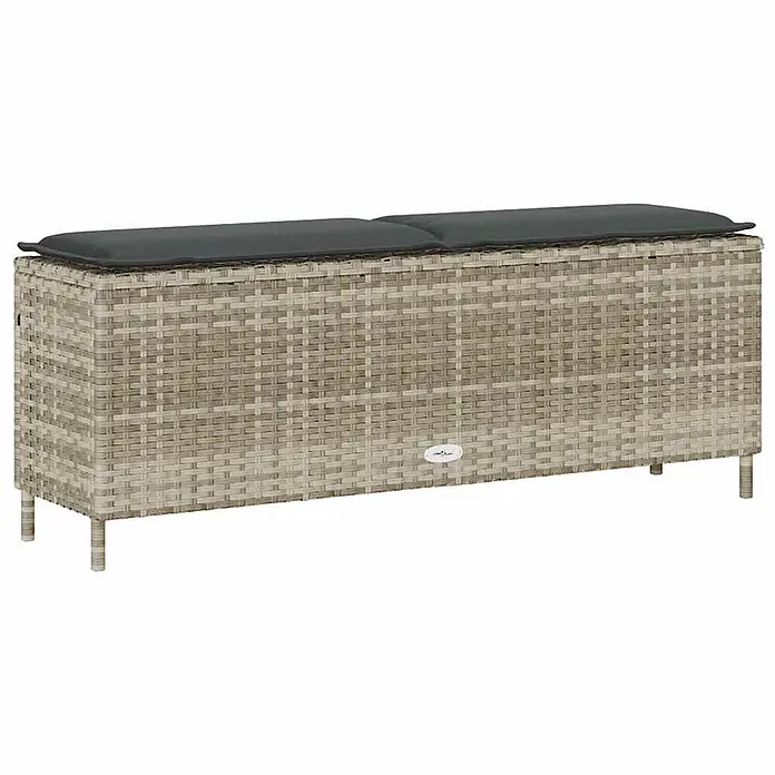 Furnicato Gartenbank PE-Rattan - B x T x H: 110 x 30 x 40,5 cm, Hellgrau und Dunkelgrau - Lange hellgraue geflochtene Outdoor-Aufbewahrungsbank mit dunkelgrauem Sitzkissen.