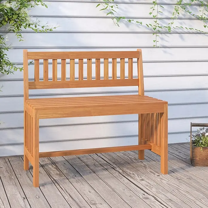 Furnicato Gartenbank Eukalyptusholz geölt - B x T x H: 45 x 80 x 77 cm, Braun - Braune Holzgartenbank auf einer Terrasse mit Lattenrückenlehne und Sitzfläche.
