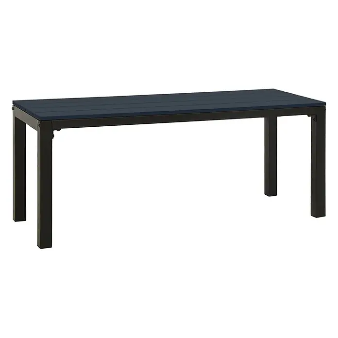 Furnicato Gartenbank WPC - B x T x H: 110 x 39 x 45 cm, Schwarz - Rechteckiger dunkelblauer Lattenrosttisch mit schwarzem Metallrahmen und Beinen.