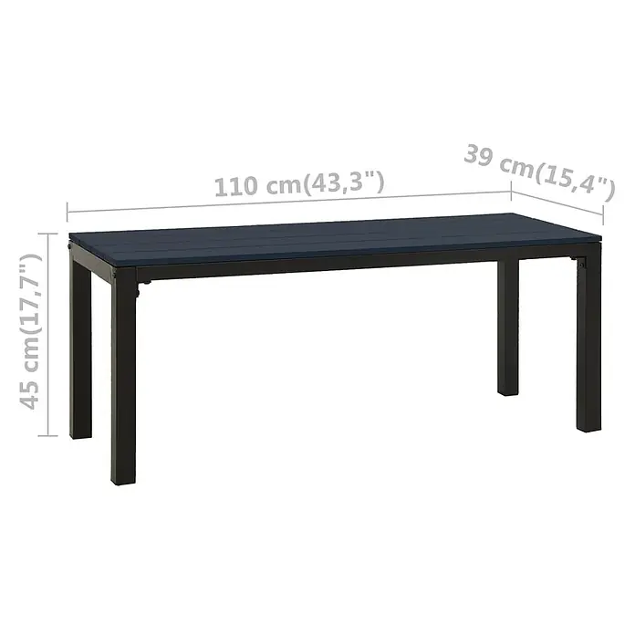 Furnicato Gartenbank WPC - B x T x H: 110 x 39 x 45 cm, Schwarz - Dunkelblaue Outdoor-Bank oder -Tisch mit Lattenplatte und schwarzem Metallgestell, Maße angezeigt.
