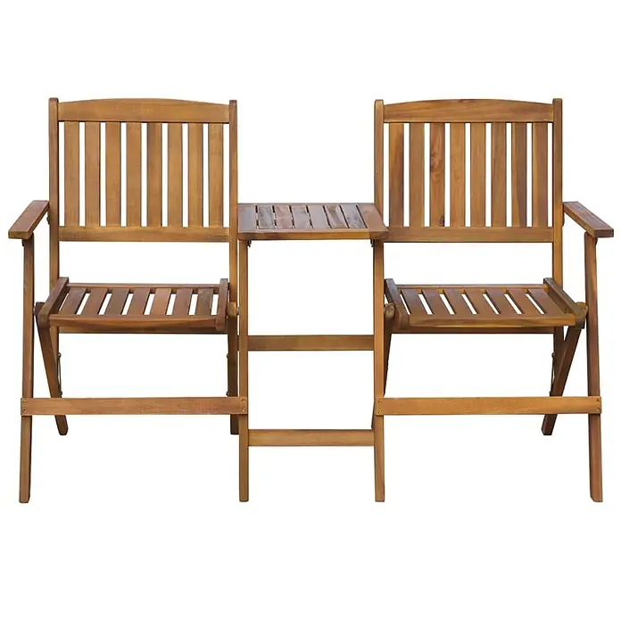 Furnicato Gartenbank Akazien-Massivholz - B x T x H: 140 x 60 x 88 cm, Braun - Braune Holz-Gartensitzgruppe mit zwei Stühlen und integriertem Tisch.