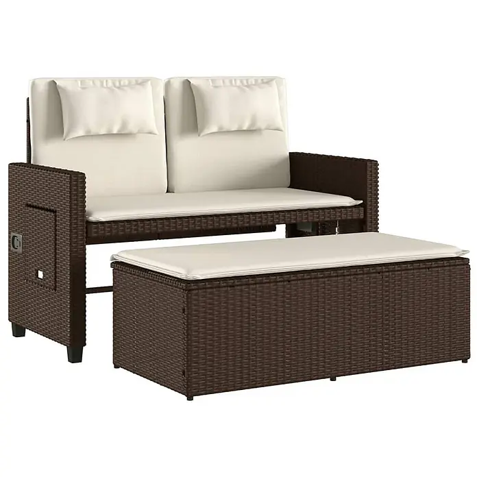 Furnicato Gartenbank - B x T x H: 58 x 58 x 83 cm, Braun - Dunkelbraunes Polyrattan 2-Sitzer Sofa mit cremefarbenen Kissen und passendem Hocker für den Außenbereich.