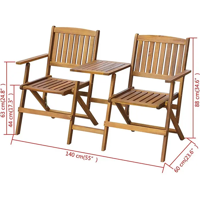 Furnicato Gartenbank Akazien-Massivholz - B x T x H: 140 x 60 x 88 cm, Braun - Klappbares Bistro-Set aus Holz mit zwei Stühlen und integriertem Tisch, Maße angezeigt.