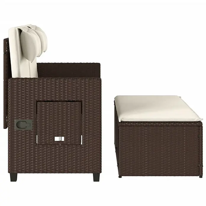 Furnicato Gartenbank - B x T x H: 58 x 58 x 83 cm, Braun - Brauner Outdoor-Sessel aus Polyrattan mit cremefarbenen Kissen und passendem Hocker. Der Sessel hat einen klappbaren Beistelltisch.