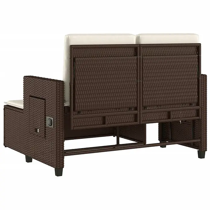 Furnicato Gartenbank - B x T x H: 58 x 58 x 83 cm, Braun - Braunes Polyrattan Gartensofa mit cremefarbenen Kissen, verstellbarer Rückenlehne und Seitenstauraum.
