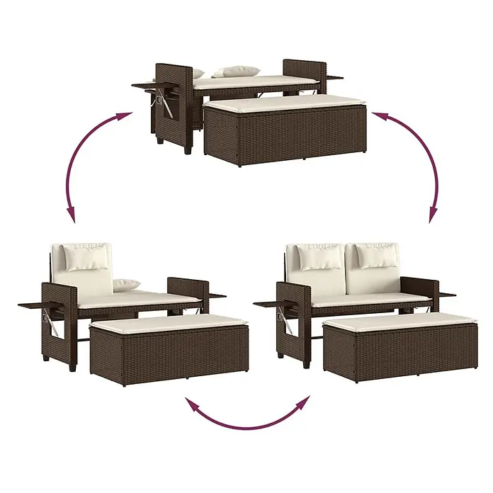Furnicato Gartenbank - B x T x H: 58 x 58 x 83 cm, Braun - Braunes Rattan-Gartenmöbelset mit cremefarbenen Kissen, wandelbar als Liegen oder Sofa mit Aufbewahrungshockern.