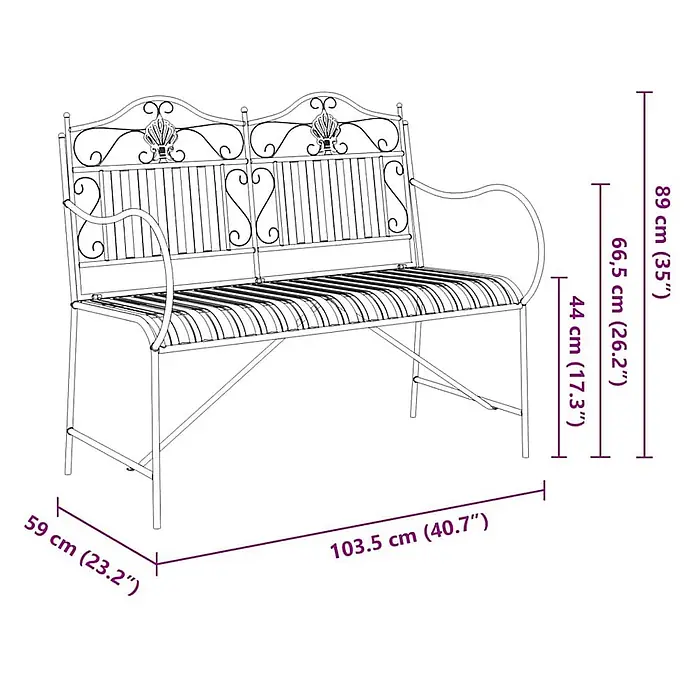Furnicato Gartenbank Stahl - B x T x H: 59 x 103,5 x 89 cm, Schwarz - Weiße, verschnörkelte Metallgartenbank mit dekorativer Rückenlehne und Armlehnen, Maße angezeigt.