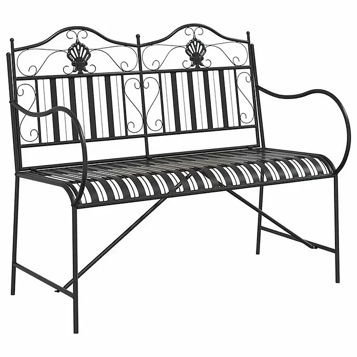 Furnicato Gartenbank Stahl - B x T x H: 59 x 103,5 x 89 cm, Schwarz - Schwarze Metallgartenbank mit dekorativer geschwungener Rückenlehne und Muschelakzenten.