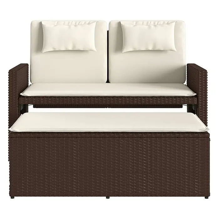 Furnicato Gartenbank - B x T x H: 58 x 58 x 83 cm, Braun - Dunkelbraunes Rattan-Gartensofa mit cremefarbenen Kissen und ausziehbarer Fußstütze als Tagesbett.
