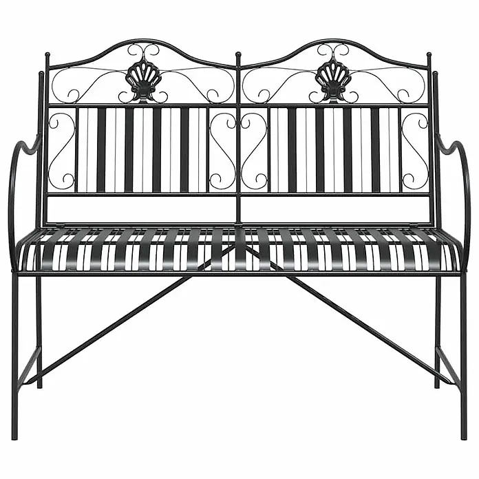 Furnicato Gartenbank Stahl - B x T x H: 59 x 103,5 x 89 cm, Schwarz - Dekorative schwarze Metallgartenbank mit Lattenrostsitz und verschnörkeltem Rückenteil mit Muschelmotiven.