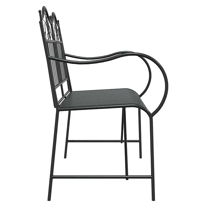 Furnicato Gartenbank Stahl - B x T x H: 59 x 103,5 x 89 cm, Schwarz - Seitenansicht einer schwarzen Metallgartenbank mit dekorativer Rückenlehne, Lattenrostsitz und geschwungenen Armlehnen.