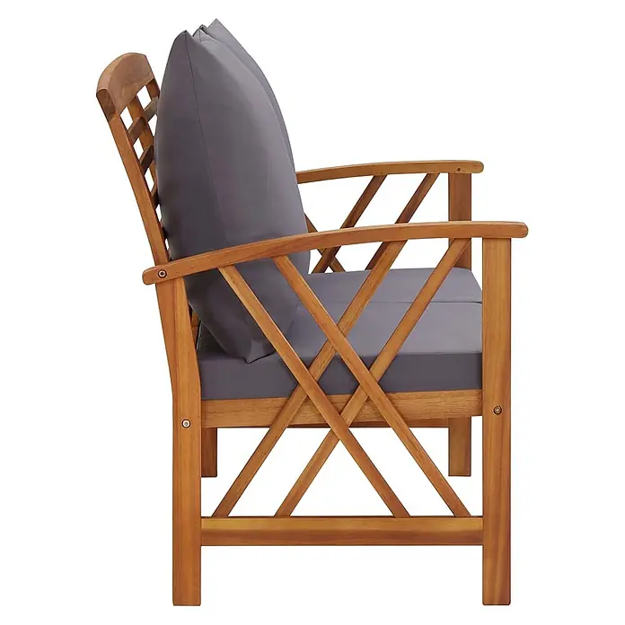 Furnicato Gartenbank Akazien-Massivholz geölt - B x T x H: 119 x 67 x 83 cm, braun und dunkelgrau - Hölzernes Outdoor-Sofa aus Akazienholz mit natürlichen Holzrahmen und dicken grauen Kissen.