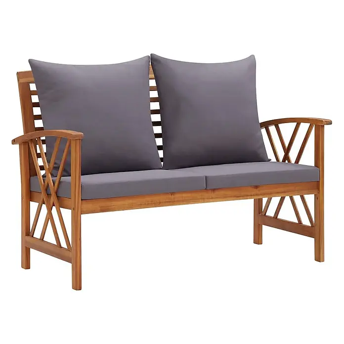 Furnicato Gartenbank Akazien-Massivholz geölt - B x T x H: 119 x 67 x 83 cm, braun und dunkelgrau - Zweisitzige Gartenbank aus Holz mit grauen Kissen und Lattenlehne.