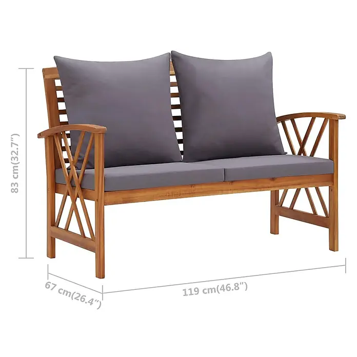 Furnicato Gartenbank Akazien-Massivholz geölt - B x T x H: 119 x 67 x 83 cm, braun und dunkelgrau - Gartenbank aus Holz mit grauen Sitz- und Rückenkissen.