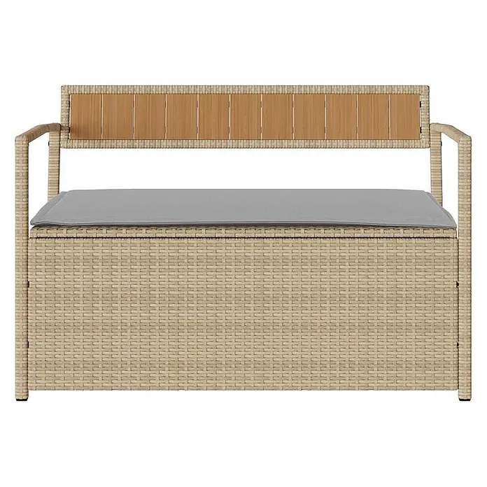 Furnicato Gartenbank - B x T x H: 111,5 x 54 x 74 cm, Beige und Hellgrau - Helle Rattan-Gartenbank mit Stauraum, Holzlatten-Rückenlehne und grauem Kissen.