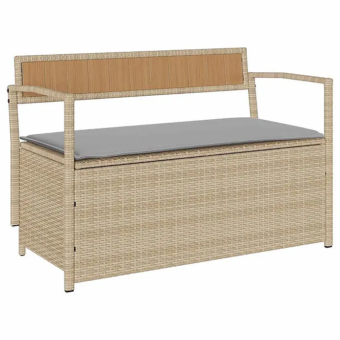 Furnicato Gartenbank - B x T x H: 111,5 x 54 x 74 cm, Beige und Hellgrau - Hellbeige Rattan-Sitzbank mit Stauraum, Holzelementen an der Rückenlehne und grauem Kissen.