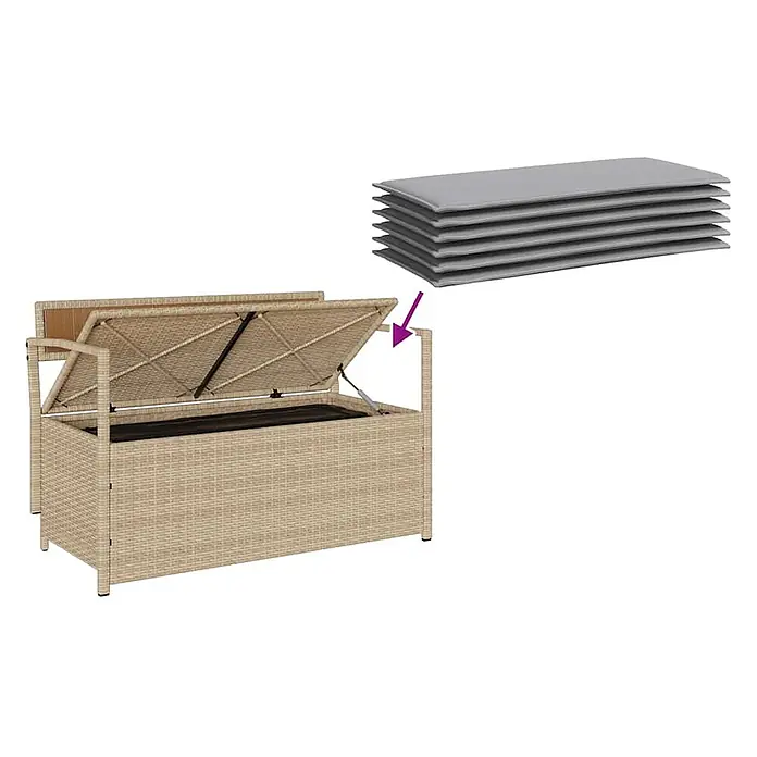 Furnicato Gartenbank - B x T x H: 111,5 x 54 x 74 cm, Beige und Hellgrau - Beige Outdoor-Aufbewahrungsbox aus Korbgeflecht mit offenem Deckel, schwarzem Futter und grauen Kissen.