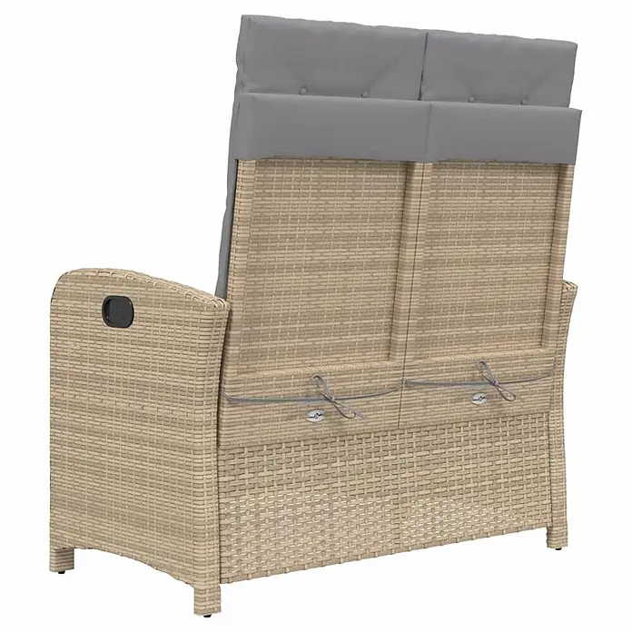 Furnicato Gartenbank - B x T x H: 86 x 86 x 93 cm, Beige und Grau - Beiges Rattan-Gartensofa mit grauen Rückenkissen, von hinten gesehen. Kissen sind an der Rückenlehne befestigt.