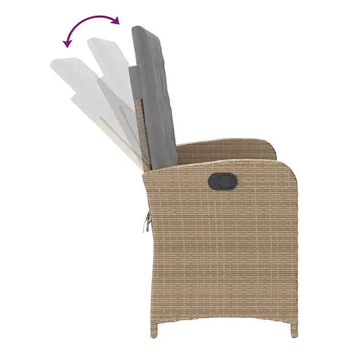 Furnicato Gartenbank - B x T x H: 86 x 86 x 93 cm, Beige und Grau - Beiger Rattan-Gartenstuhl mit grauen Kissen. Die verstellbare Rückenlehne ist in verschiedenen Neigungspositionen dargestellt.