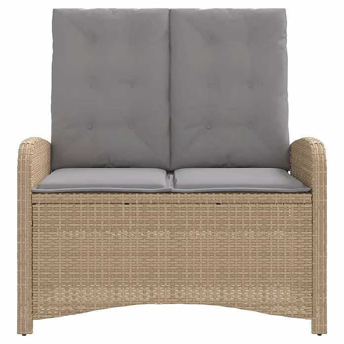 Furnicato Gartenbank - B x T x H: 86 x 86 x 93 cm, Beige und Grau - Beige Rattan-Optik Gartenbank für zwei Personen mit hoher Rückenlehne und grauen Kissen.