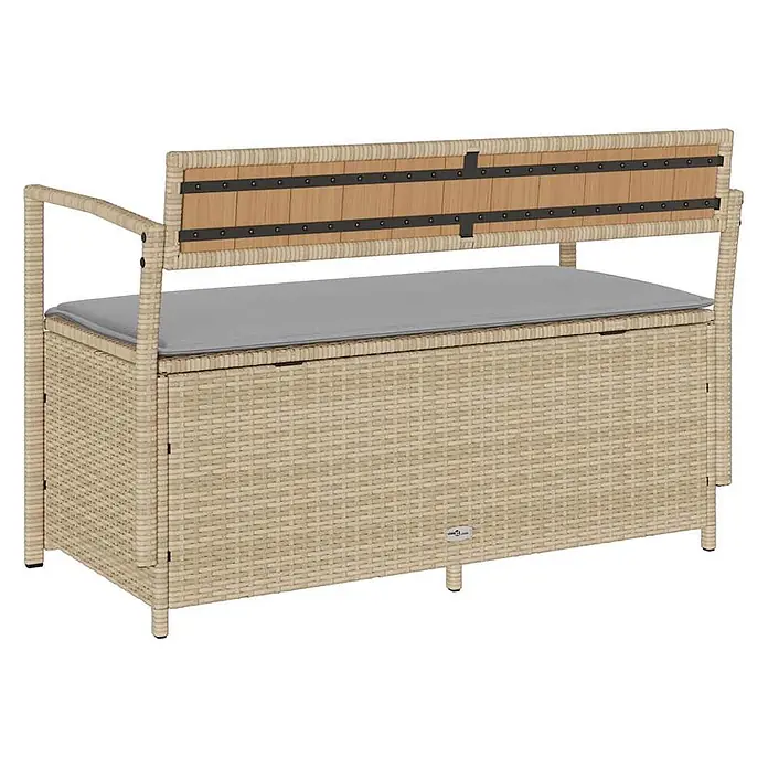 Furnicato Gartenbank - B x T x H: 111,5 x 54 x 74 cm, Beige und Hellgrau - Beige Rattan Gartenbank mit Stauraum, Holzlehne und grauem Kissen.