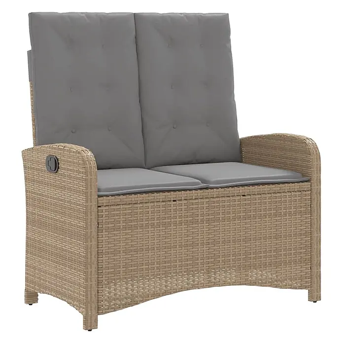 Furnicato Gartenbank - B x T x H: 86 x 86 x 93 cm, Beige und Grau - Beige Polyrattan 2-Sitzer Gartenbank mit grauen Kissen und verstellbaren Rückenlehnen.