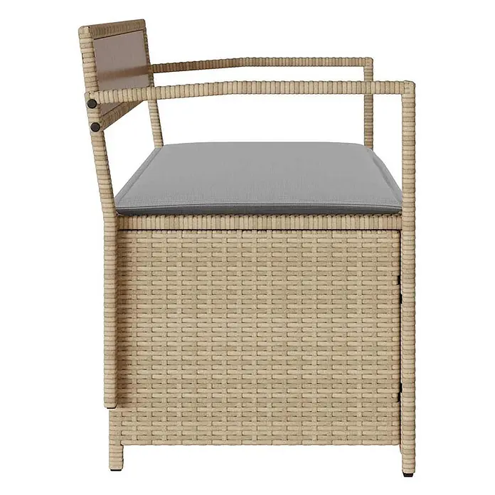 Furnicato Gartenbank - B x T x H: 111,5 x 54 x 74 cm, Beige und Hellgrau - Seitenansicht einer beigen Rattan-Sitzbank mit Stauraum und grauem Kissen.
