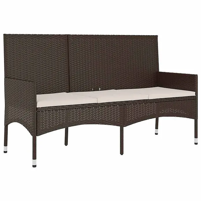 Furnicato Gartenbank - Braun - Braune Rattan 3-Sitzer Gartenbank mit cremefarbenen Kissen und Armlehnen.