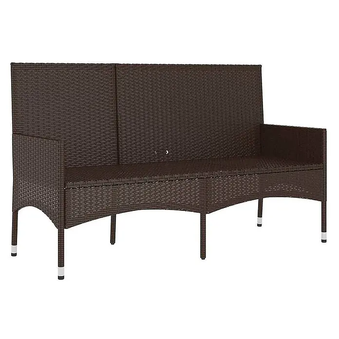 Furnicato Gartenbank - Braun - Braune Rattan-Gartenbank mit Armlehnen und hoher Rückenlehne, kurze Beine mit weißen Kappen.