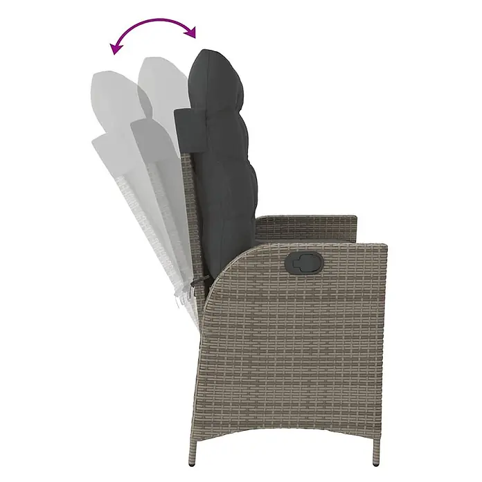 Furnicato Gartenbank - B x T x H: 59 x 86 x 93 cm, Grau - Seitenansicht eines braunen Rattan-Gartenliegestuhls mit grauen Kissen, zeigt die verstellbare Rückenlehne.