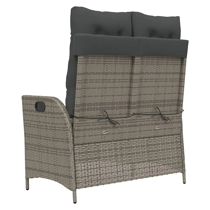 Furnicato Gartenbank - B x T x H: 59 x 86 x 93 cm, Grau - Rückansicht einer grauen Polyrattan Gartenbank mit zwei Sitzen und dunkelgrauen Kissen.