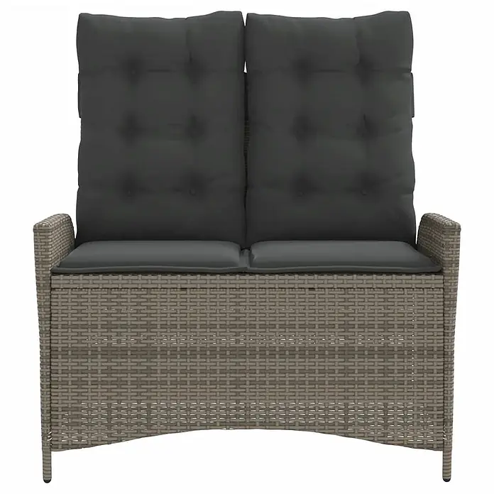 Furnicato Gartenbank - B x T x H: 59 x 86 x 93 cm, Grau - Zweisitzer-Gartenbank mit hellbraunem Polyrattan-Geflecht und dunkelgrauen getufteten Kissen.