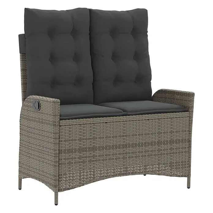 Furnicato Gartenbank - B x T x H: 59 x 86 x 93 cm, Grau - Zweisitziges Gartensofa in Rattan-Optik mit grauen Kissen und Liegefunktion.