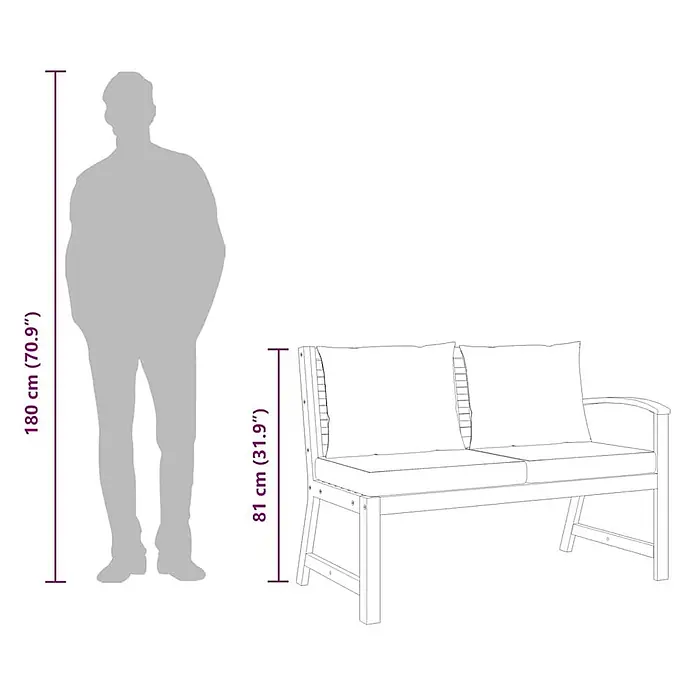 Furnicato Gartenbank - Creme - Zweisitzer-Gartenbank mit Kissen, 81 cm (31.9") hoch, mit menschlicher Silhouette zum Größenvergleich.