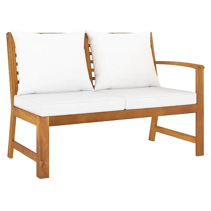 Furnicato Gartenbank - Creme - Zweisitzige Holzgartenbank mit weißen Sitz- und Rückenkissen.