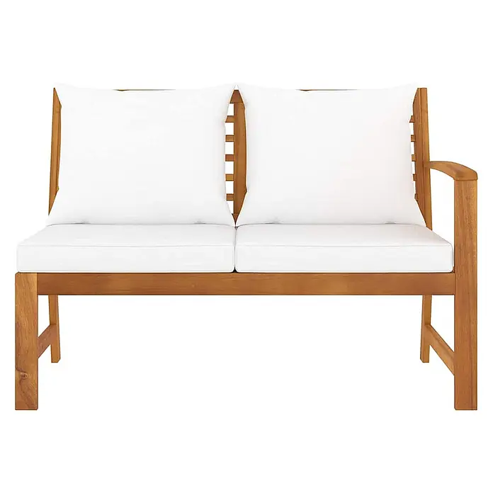 Furnicato Gartenbank - Creme - Braune Akazienholz-Gartenbank mit zwei weißen Sitz- und zwei weißen Rückenkissen.