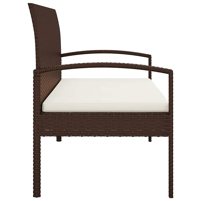 Furnicato Gartenbank PE-Rattan - B x T x H: 58 x 105 x 74 cm, Braun - Dunkelbraune Rattan-Gartenbank mit weißem Kissen, Seitenansicht.
