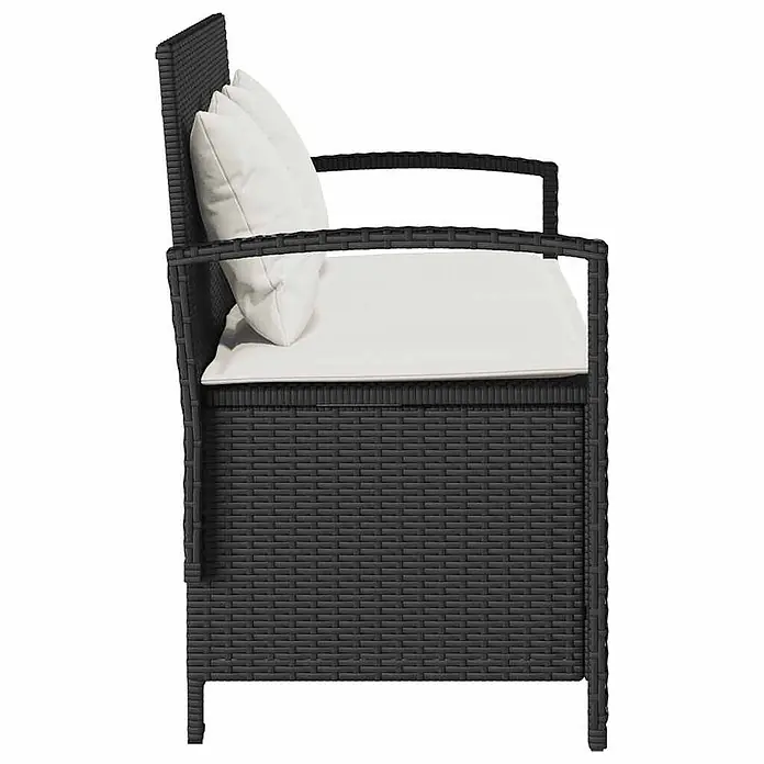 Furnicato Gartenbank PE-Rattan - B x T x H: 111 x 56 x 87 cm, Schwarz und Creme - Seitenansicht eines schwarzen Korbstofas für den Außenbereich mit weißen Sitz- und Rückenkissen.