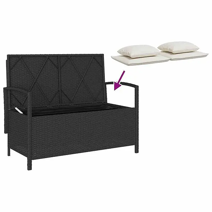 Furnicato Gartenbank - B x T x H: 111 x 56 x 87 cm, Schwarz und Creme - Schwarze Rattan-Sitzbank mit aufklappbarem Stauraum und separaten cremefarbenen Kissen.