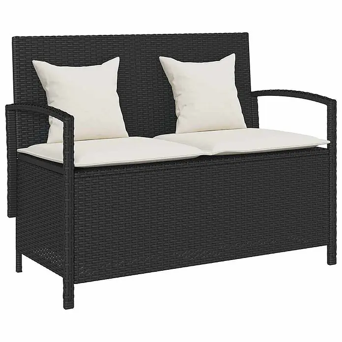 Furnicato Gartenbank PE-Rattan - B x T x H: 111 x 56 x 87 cm, Schwarz und Creme - Schwarze Polyrattan 2-Sitzer Gartenbank mit Stauraum und cremefarbenen Kissen.