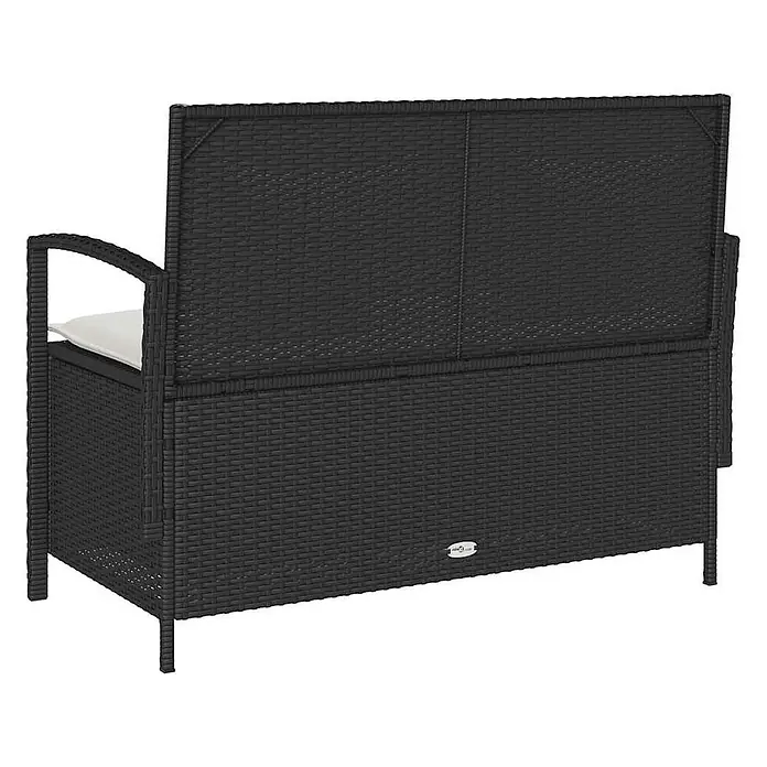 Furnicato Gartenbank PE-Rattan - B x T x H: 111 x 56 x 87 cm, Schwarz und Creme - Schwarze geflochtene Garten-Aufbewahrungsbank mit weißem Kissen.