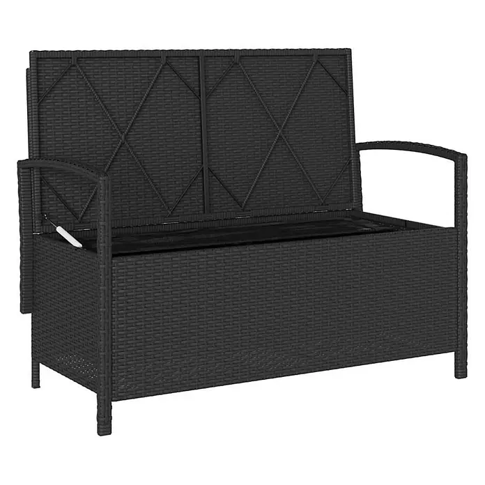 Furnicato Gartenbank PE-Rattan - B x T x H: 111 x 56 x 87 cm, Schwarz und Creme - Schwarze Rattan-Sitzbank mit hochgeklappter Rückenlehne, die ein integriertes Staufach offenbart.