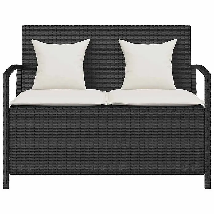 Furnicato Gartenbank PE-Rattan - B x T x H: 111 x 56 x 87 cm, Schwarz und Creme - Schwarze geflochtene Zweisitzer-Gartenbank mit weißen Sitz- und Rückenkissen.