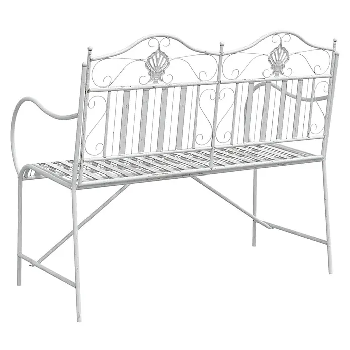 Furnicato Gartenbank Stahl Antik-Weiß - B x T x H: 59 x 103,5 x 89 cm, Weiß - Weiße Metallgartenbank mit verschnörkelter Rückenlehne und geschwungenen Armlehnen, für den Außenbereich geeignet.